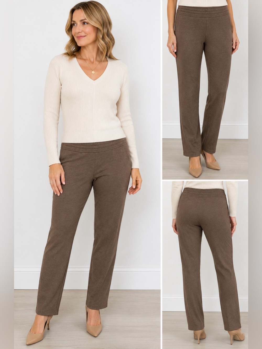 St. John Brown Knit Pull-On Straight Leg Pants Women’s Size S Made in USA